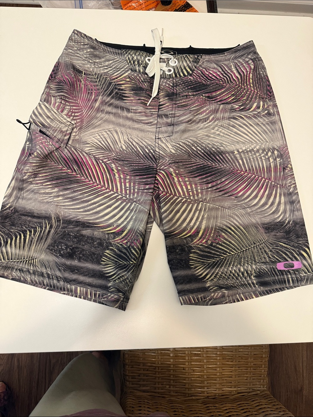 Oakley Men’s Black Swim Board Shorts with Pink & Cream Palm Print